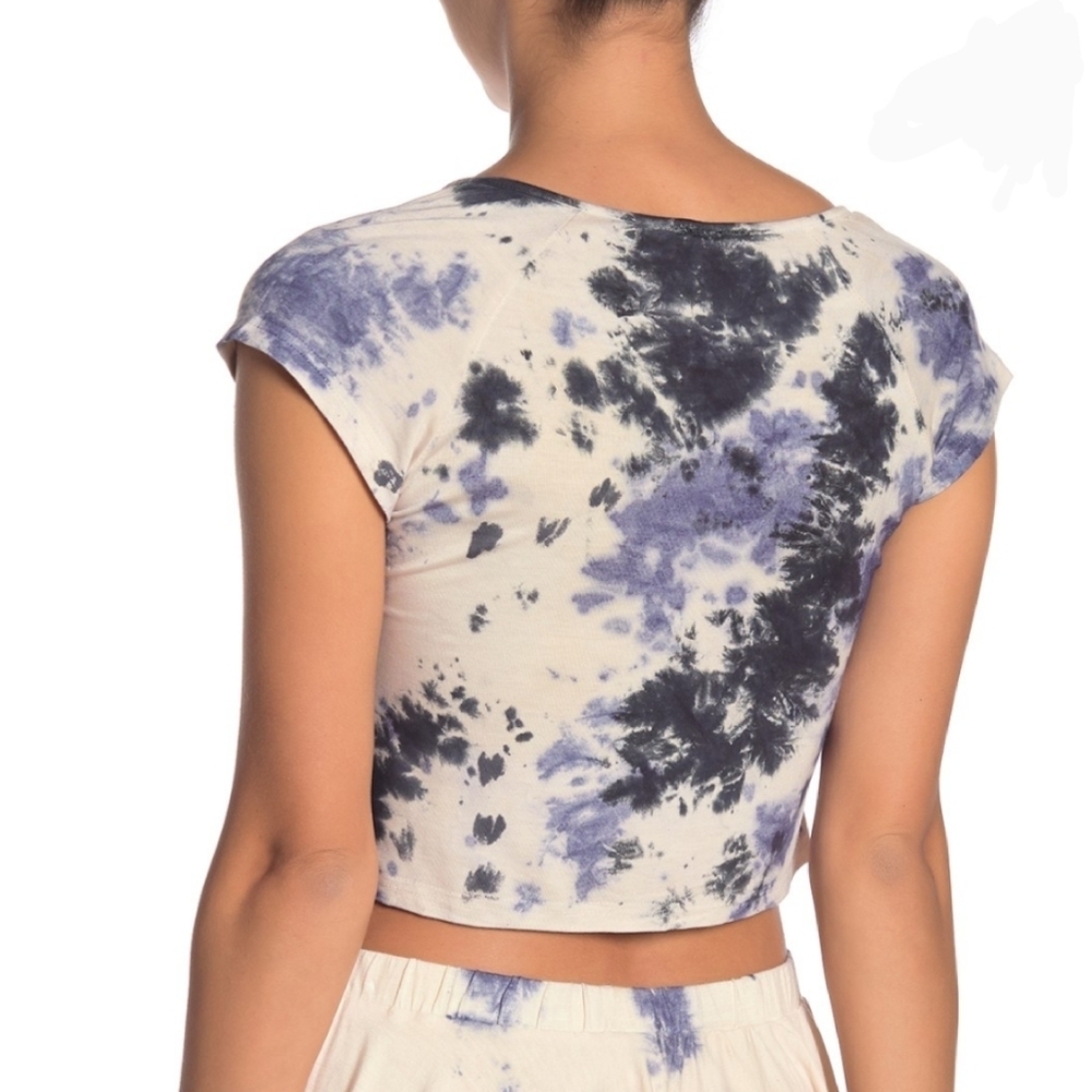 RAGA Tie Dye Top Cropped Bateau Cowl Cap Sleeve Stretch Knit White Blue M NWT - Picture 5 of 8